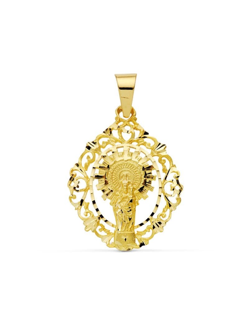Medalla oro 9k Virgen del Pilar orla calada 36x28mm
