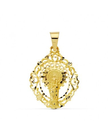 Medalla oro 9k Virgen del Pilar orla calada 36x28mm