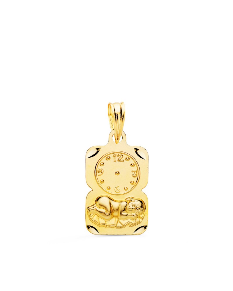 Medalla oro 9k Niño de la Hora con reloj tallada 19x11mm