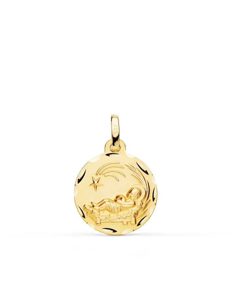 Medalla oro 9k amarillo Niño del Pesebre tallada 16mm