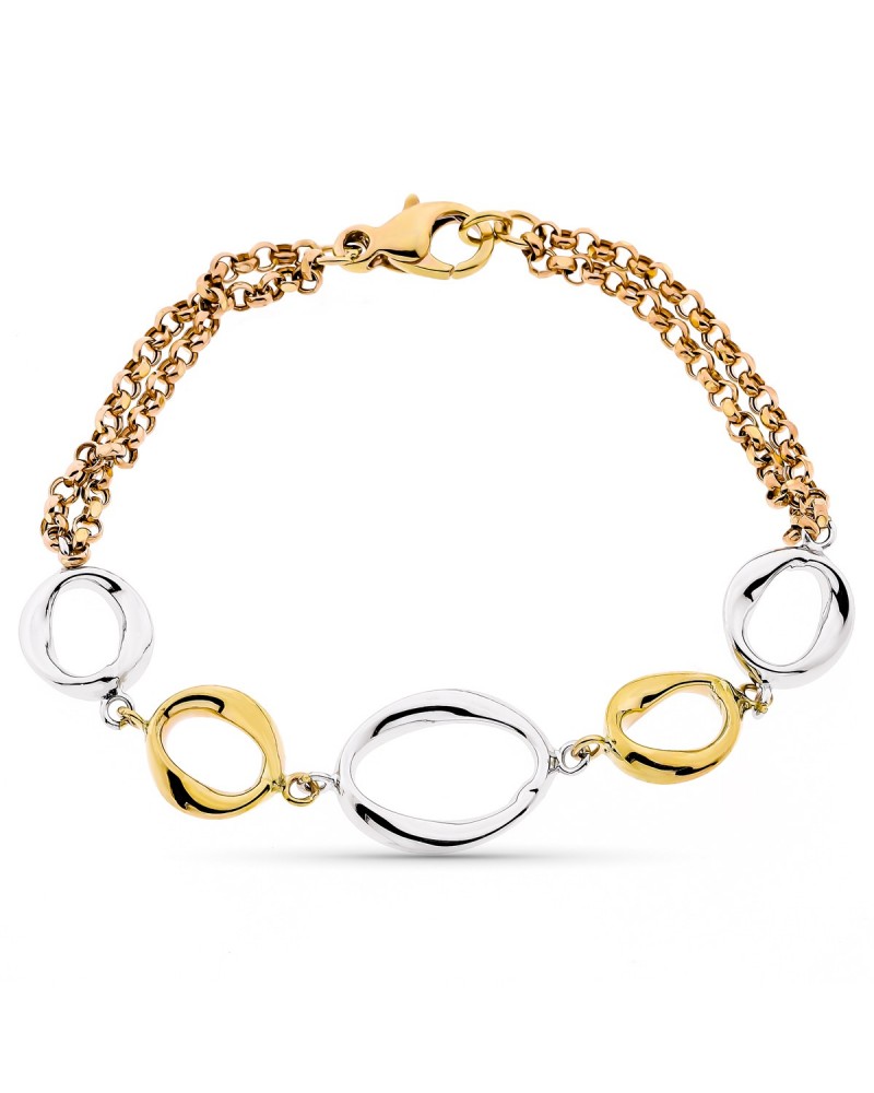 Pulsera oro 9k tricolor eslabones geométricos 19cm