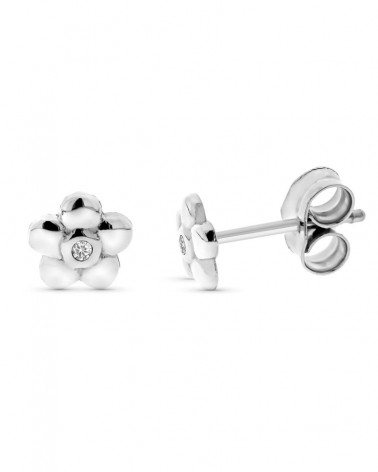 Pendientes oro 9k blanco flor diamante 5mm presión