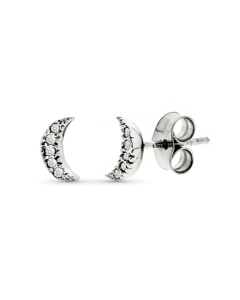 Pendientes oro 9k blanco luna diamantes 7x3 mm