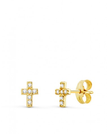 Pendientes oro 9k cruz diamantes 6x4 mm presión