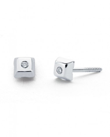 Pendientes oro 9k blanco cuadrados diamante cierre tuerca