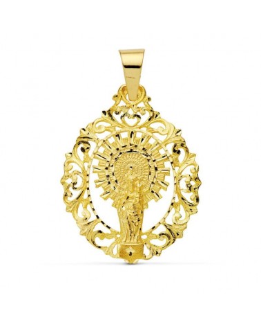 Medalla oro 9k Virgen del Pilar orla calada 39x30mm