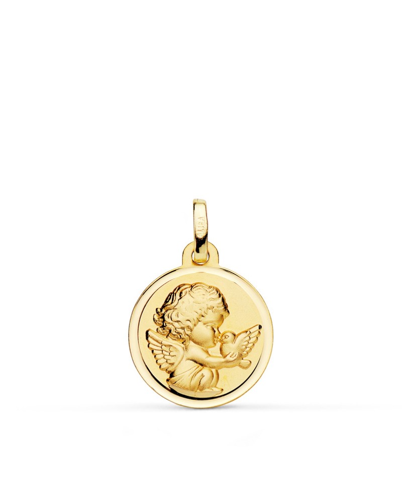 Medalla oro 9k ángel burlón con pájaro 16mm