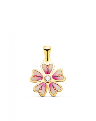 Colgante oro 18k flor esmalte rosa circonita 13x11mm