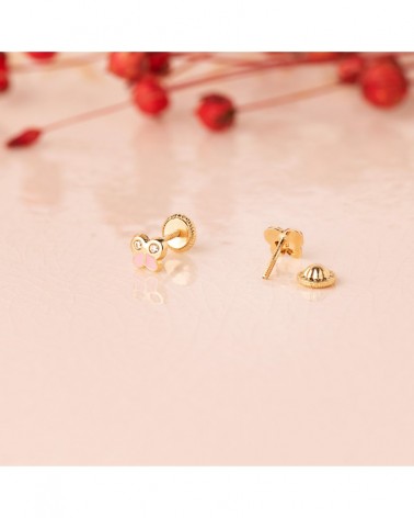 Pendientes oro 18k mariposa esmalte rosa con dormilón 5x4,5mm