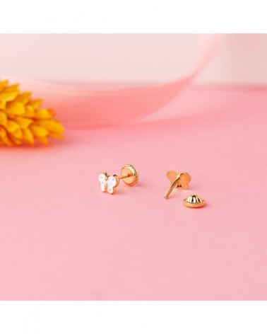 Pendientes oro 18k mariposa esmalte nacarado cierre tuerca