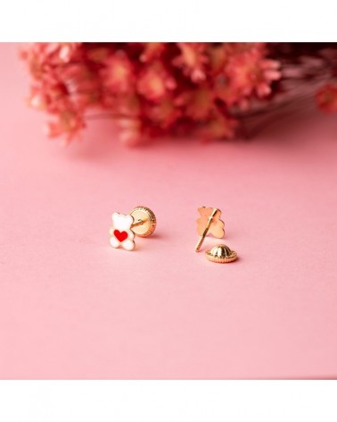 Pendientes oro 18k osito esmalte corazón 6x4,5mm