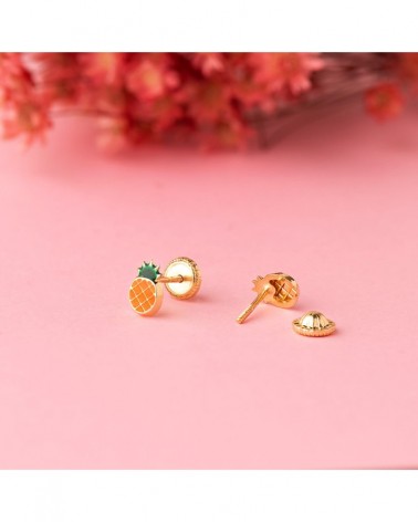 Pendientes oro 18k piña esmalte naranja cierre rosca