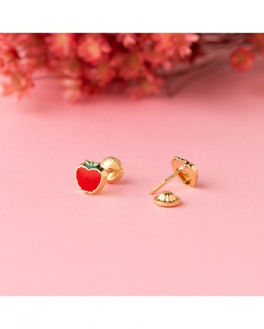 Pendientes oro 18k manzana esmalte rojo cierre rosca