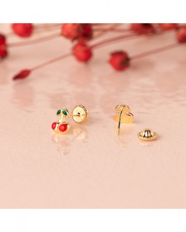 Pendientes oro 18k cerezas esmaltadas cierre tuerca 6x5 mm