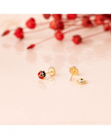 Pendientes oro 18k mariquita esmaltada cierre tuerca