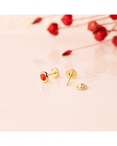 Pendientes oro 18k coral rojo cierre dormilón 2mm