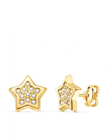Pendientes oro 18k estrella circonita 9mm cierre presión