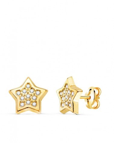 Pendientes oro 18k estrella circonita 9mm cierre presión