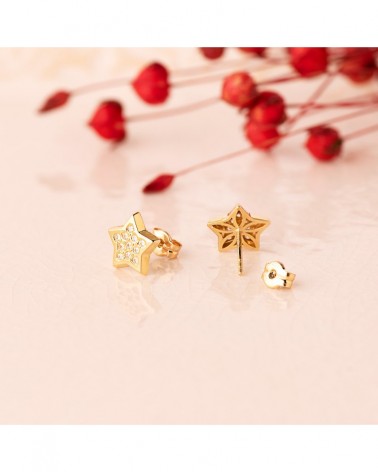 Pendientes oro 18k estrella circonita 9mm cierre presión