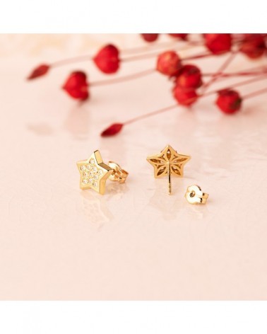 Pendientes oro 18k estrella circonita 9mm cierre presión