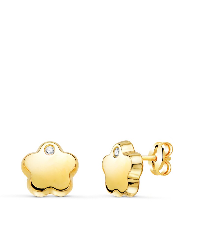 Pendientes oro 18k flor circonita cierre presión 7mm