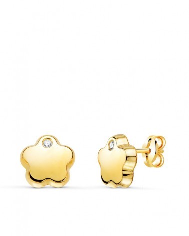Pendientes oro 18k flor circonita cierre presión 7mm