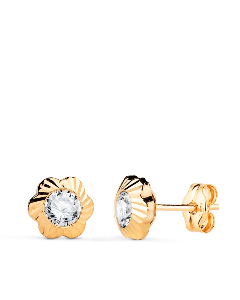 Pendientes oro 18k flor circonita cierre presión 7mm
