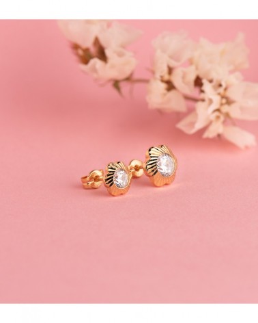 Pendientes oro 18k flor circonita cierre presión 7mm
