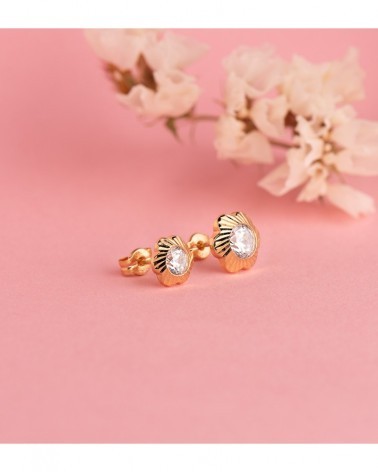Pendientes oro 18k flor circonita cierre presión 7mm
