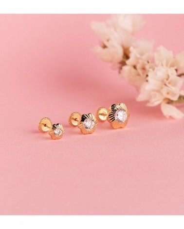 Pendientes oro 18k flor circonita cierre tuerca 7mm