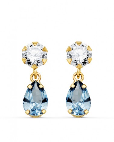 Pendientes oro 18k circonita aguamarina lágrima 16x5mm