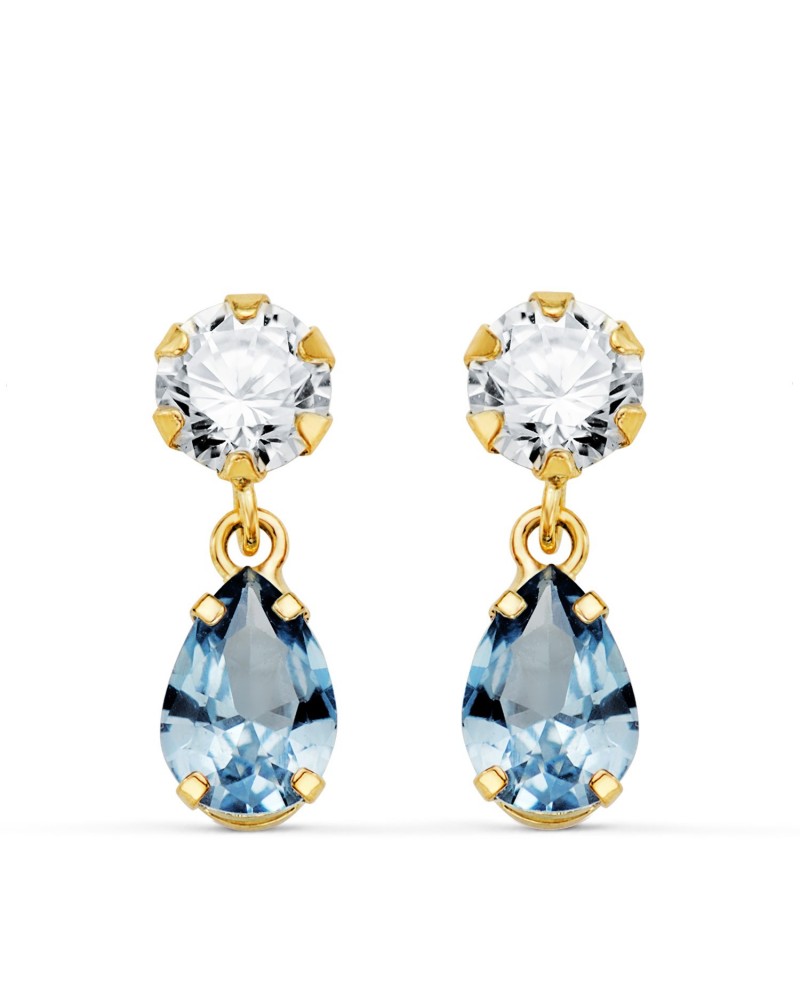 Pendientes oro 18k circonita aguamarina lágrima 16x5mm