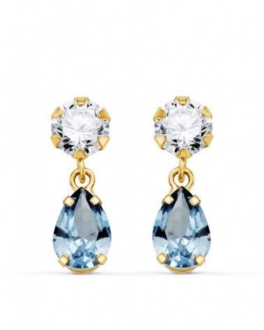 Pendientes oro 18k circonita aguamarina lágrima 16x5mm