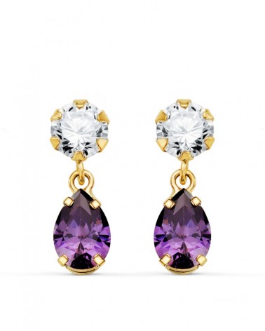Pendientes oro 18k bicolor circonita amatista lágrima