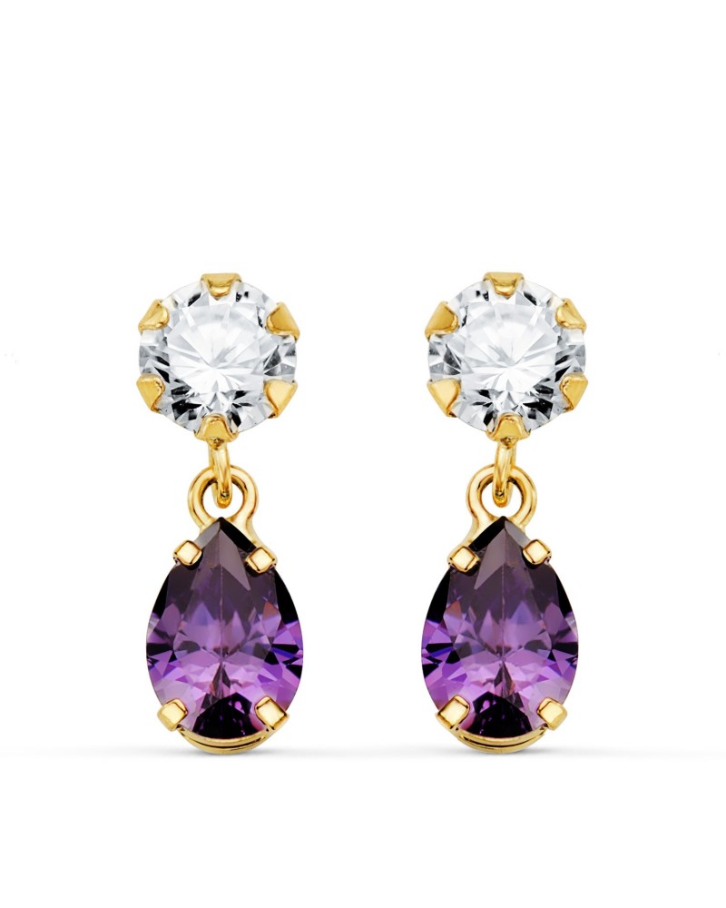 Pendientes oro 18k bicolor circonita amatista lágrima