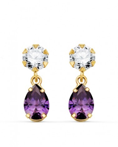 Pendientes oro 18k bicolor circonita amatista lágrima