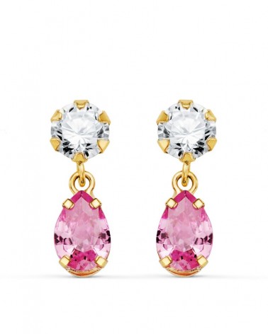 Pendientes oro 18k rosa circonita piedra rosa lágrima
