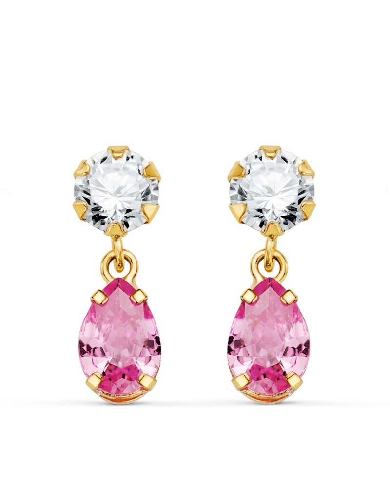 Pendientes oro 18k rosa circonita piedra rosa lágrima