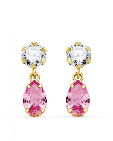 Pendientes oro 18k rosa circonita piedra rosa lágrima