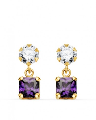 Pendientes oro 18k dos cuerpos circonita amatista 14x5mm