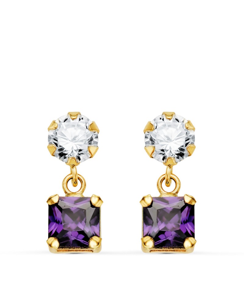 Pendientes oro 18k dos cuerpos circonita amatista 14x5mm