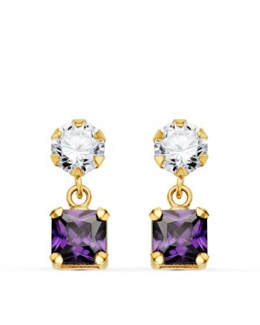 Pendientes oro 18k dos cuerpos circonita amatista 14x5mm