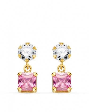 Pendientes oro 18k rosa dos cuerpos circonita y piedra rosa