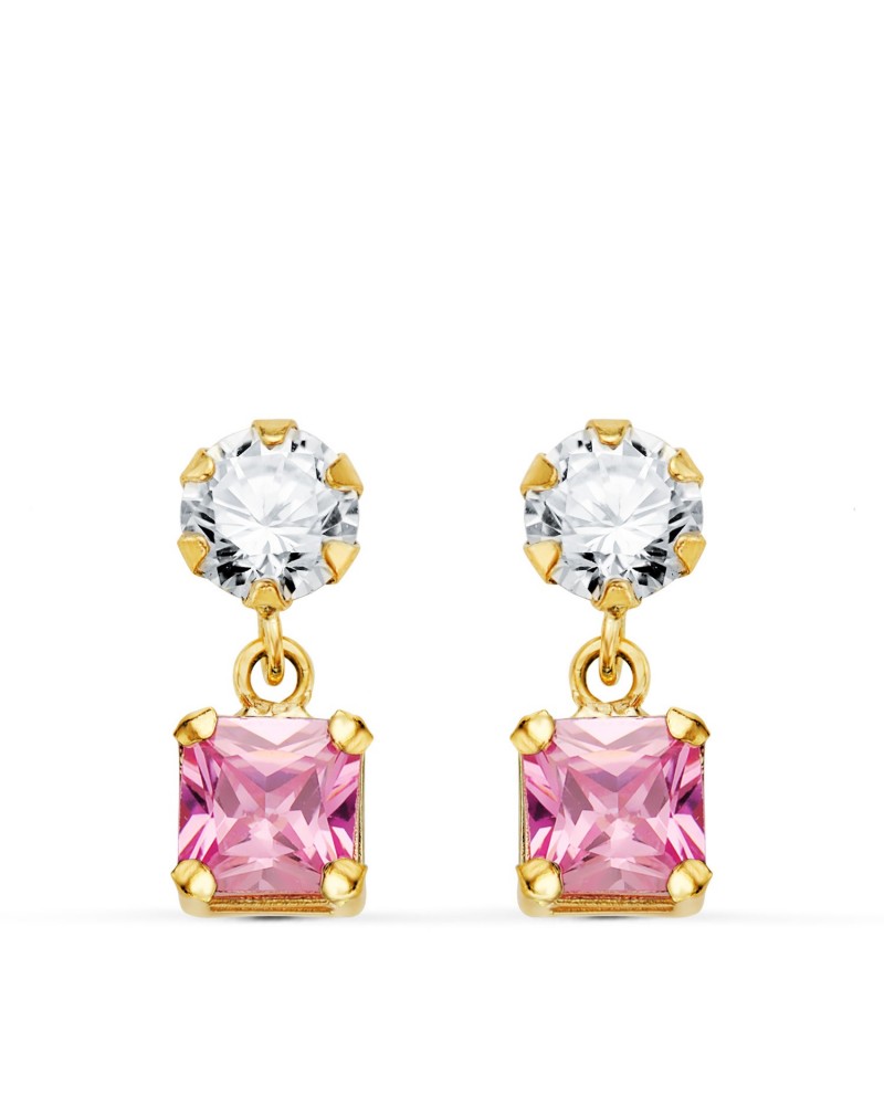 Pendientes oro 18k rosa dos cuerpos circonita y piedra rosa