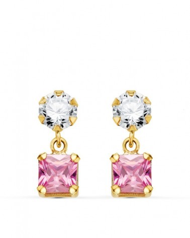 Pendientes oro 18k rosa dos cuerpos circonita y piedra rosa