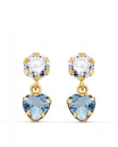 Pendientes oro 18k dos cuerpos circonita aguamarina corazón