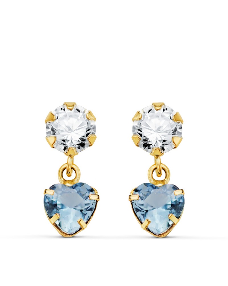 Pendientes oro 18k dos cuerpos circonita aguamarina corazón
