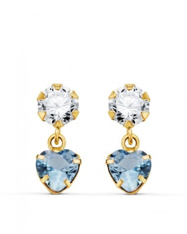 Pendientes oro 18k dos cuerpos circonita aguamarina corazón