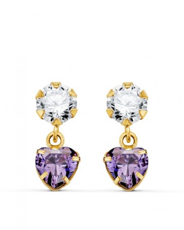 Pendientes oro 18k circonita amatista corazón colgantes