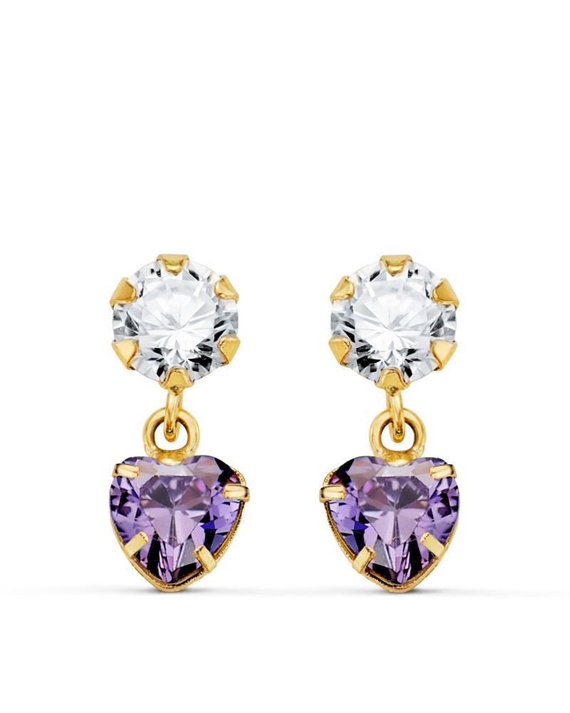 Pendientes oro 18k circonita amatista corazón colgantes